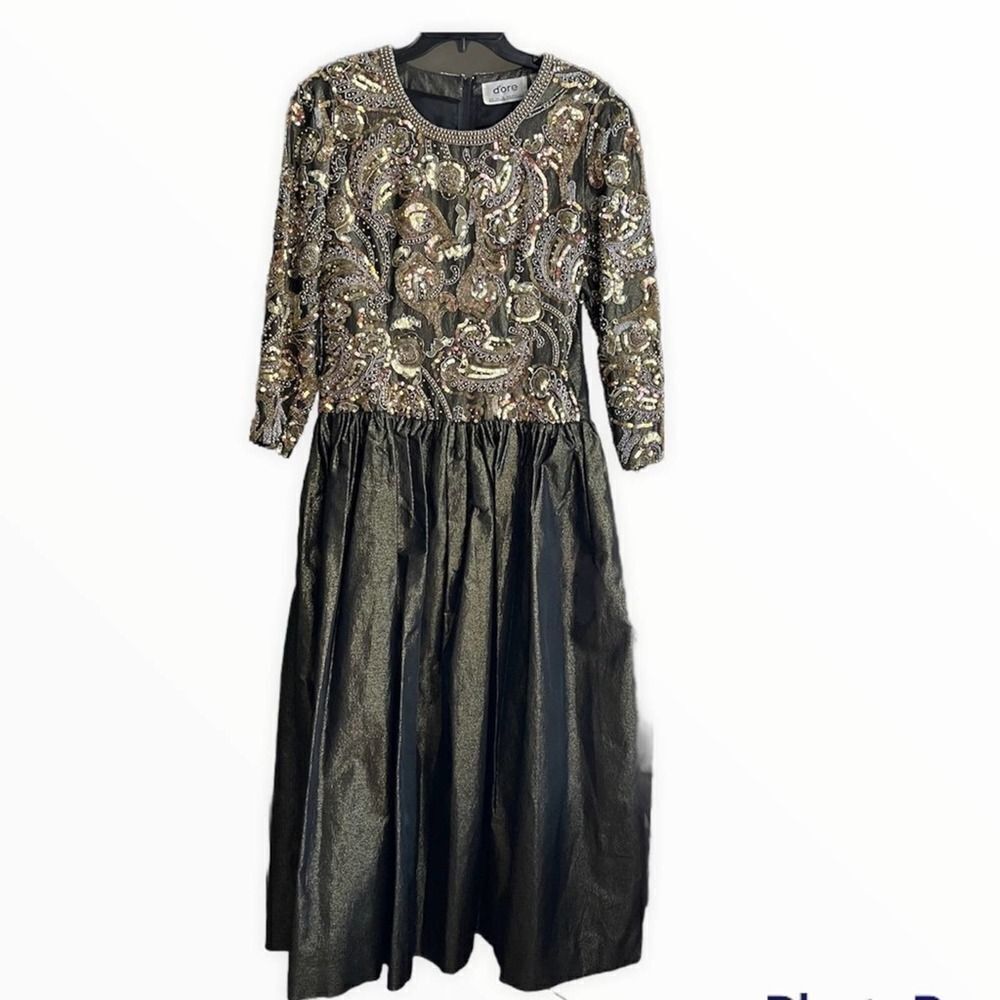 Vintage 90’s D’ore by Della Roufogali Black Gold Beaded Ball Gown Dress Size 8